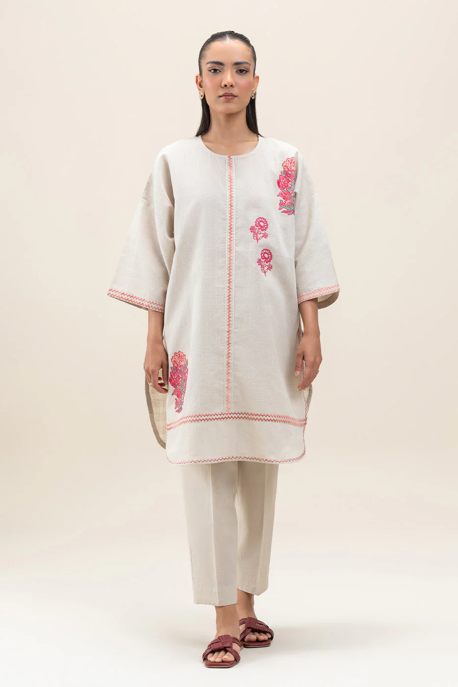 BT1250003PR0152_1 3 PIECE PRINTED PEACH DORIA SUIT (PRET) - Image 1