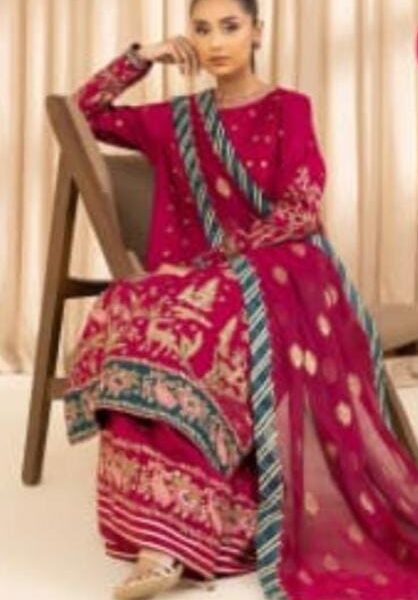 3 Piece  Embroidered Raw Silk Suit
